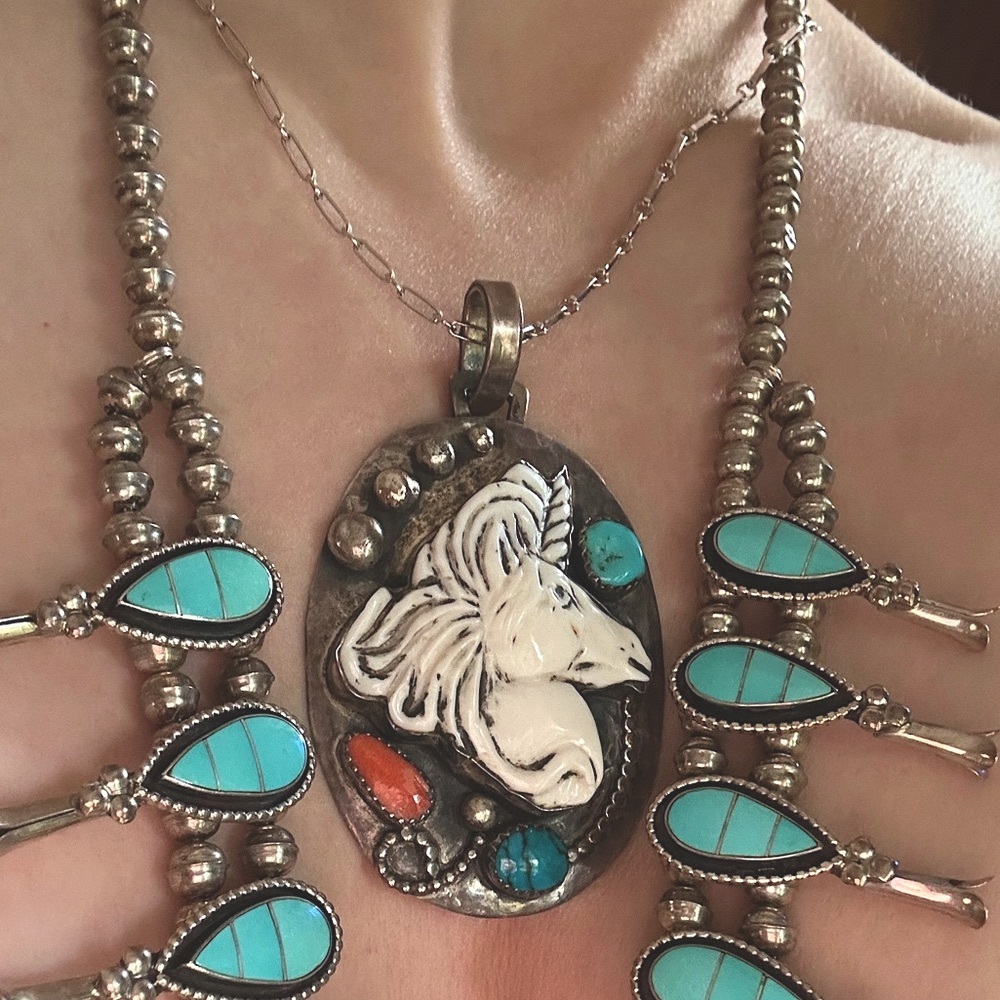 Silver plated carved unicorn turquoise and coral large statement pendant